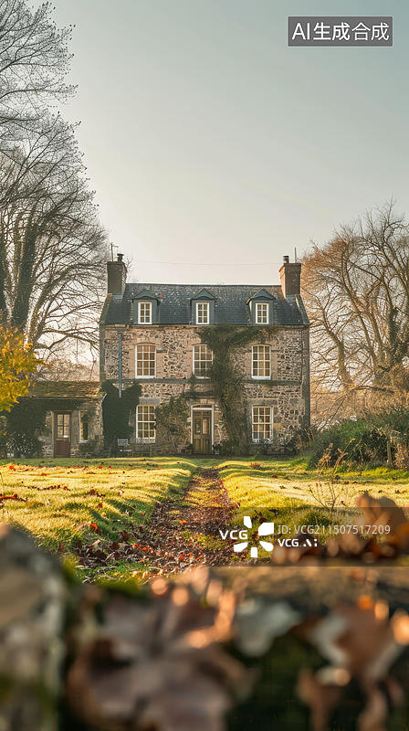 【AI数字艺术】英国乡村的传统石屋图片素材