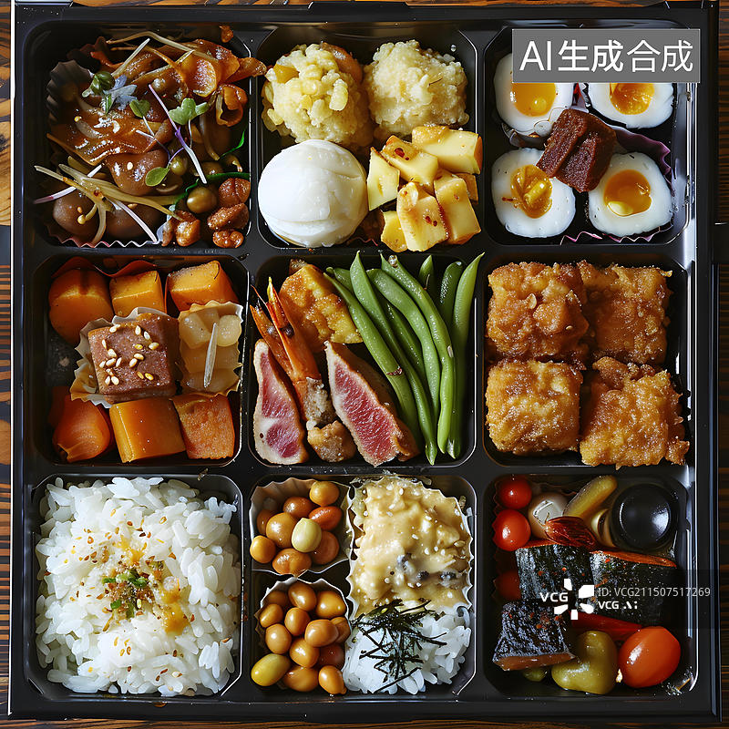 【AI数字艺术】一个美味健康的便当盒，里面装着各种各样的菜肴图片素材