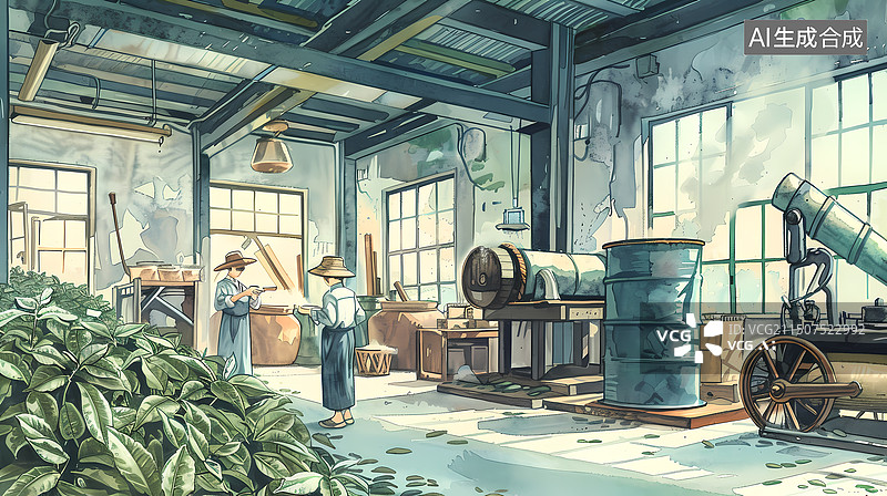 【AI数字艺术】茶业生产场景插画图片素材