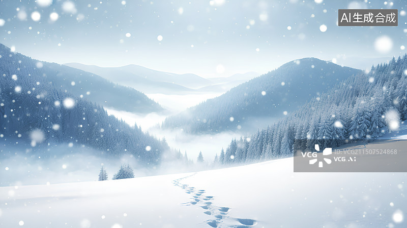 【AI数字艺术】下雪的山林，雪地上有一串长长的足迹，脚印，白雪皑皑的高山森林，冬天，孤独意境，立冬，大寒背景图，海报图片素材