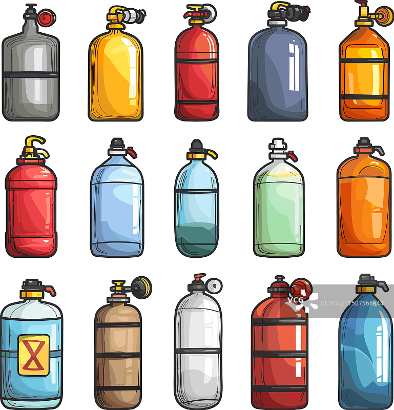 卡通不同类型的氧气罐图标集合图片素材