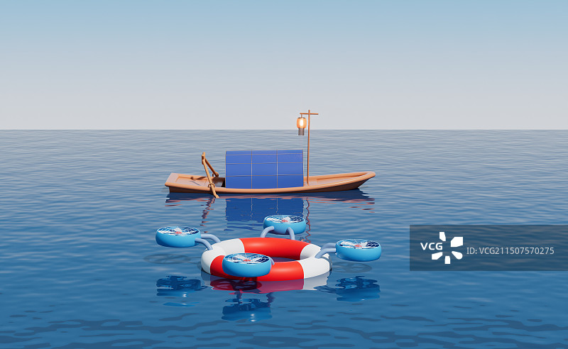 水面上会飞的救生圈3D背景插画图片素材