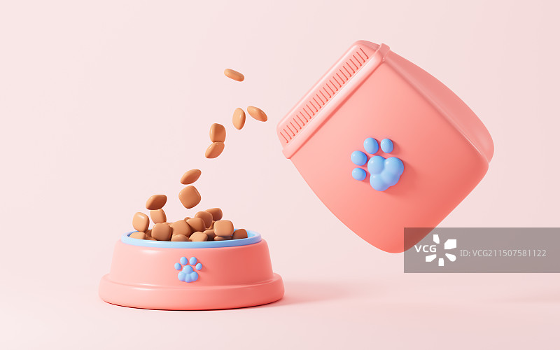 卡通宠物碗和宠物粮3D渲染图片素材