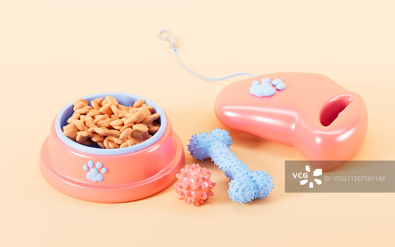 卡通宠物粮和宠物牵引绳3D渲染图片素材