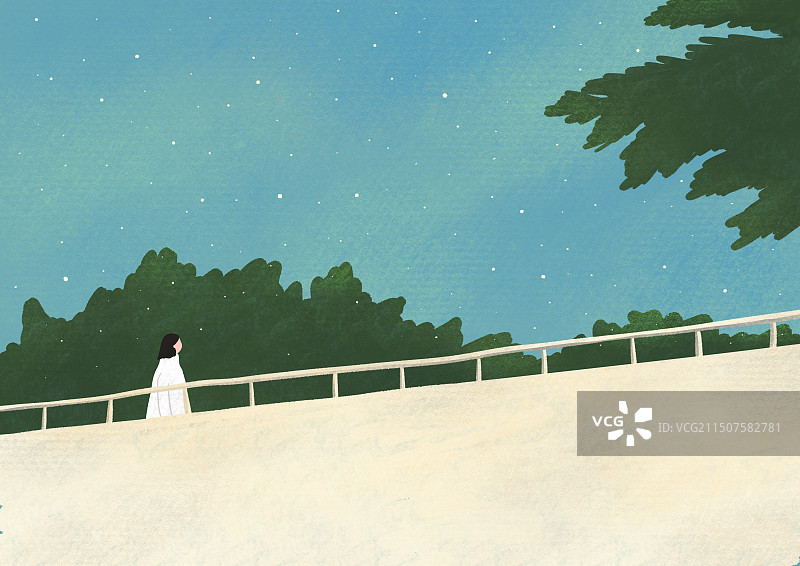 夜晚一个人散步风景插画图片素材