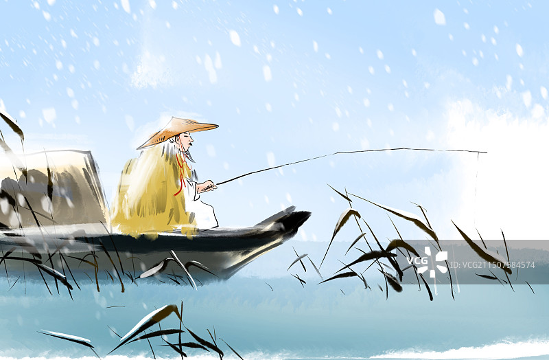 冬天，大雪，垂钓，渔夫，船，雪，非独家手绘水彩插画古代文学名著插图传统文化图片素材