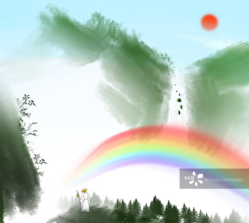 天空，彩虹，晚霞，天气，景观，非独家手绘水彩插画古代文学名著插图传统文化图片素材
