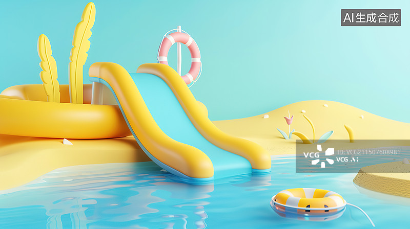 【AI数字艺术】夏天泳池与滑梯图片素材