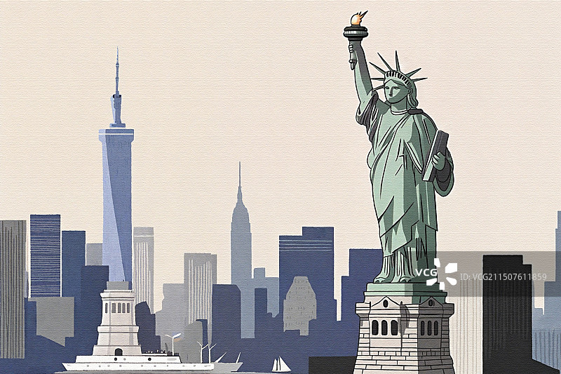 美国竞选总统自由女神像国家政治城市科技建筑雕塑手绘插画图片素材