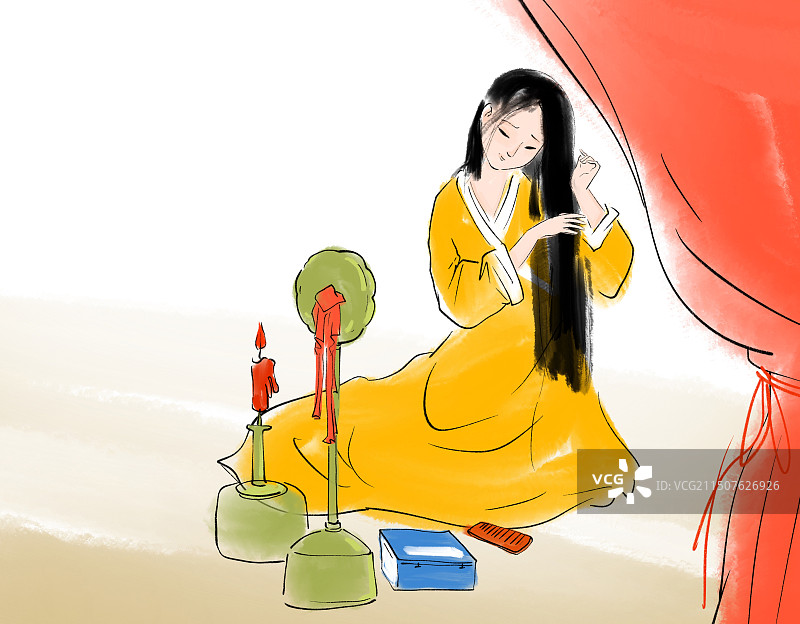 花木兰，对镜梳妆，帖花黄，非独家手绘水彩插画古代文学名著插图传统文化图片素材