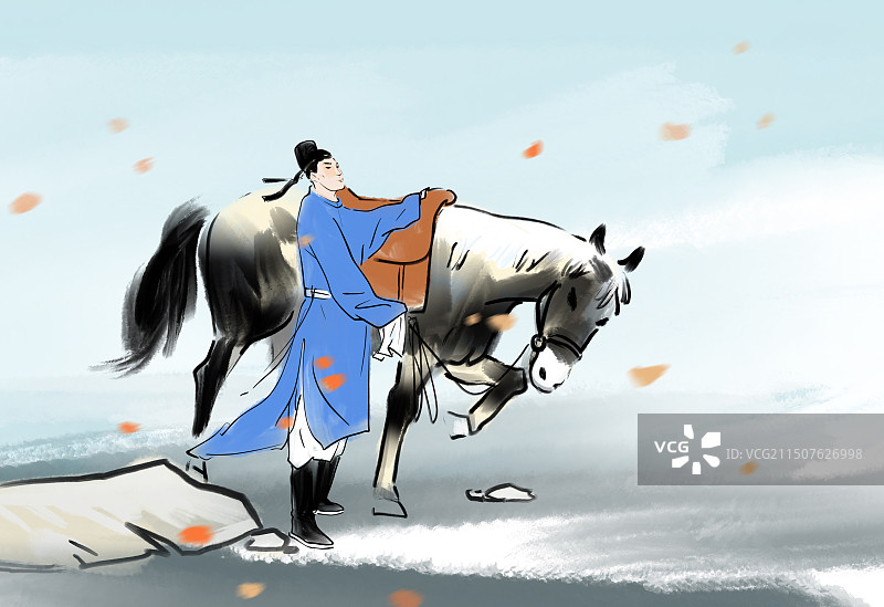 马，骑马，塞上诗人，文武双全，非独家手绘水彩插画古代文学名著插图传统文化图片素材