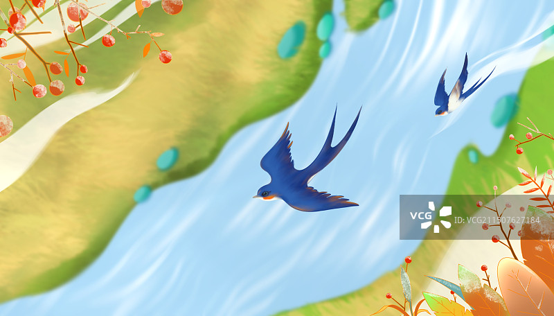 秋天，燕子，流水，非独家手绘水彩插画古代文学名著插图传统文化图片素材