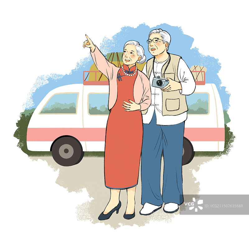 快乐银发老年人夕阳红旅行幸福退休养生活徒步登山旅游拍照重阳节关爱老人相爱老夫妻国庆节快乐结伴同行插画图片素材