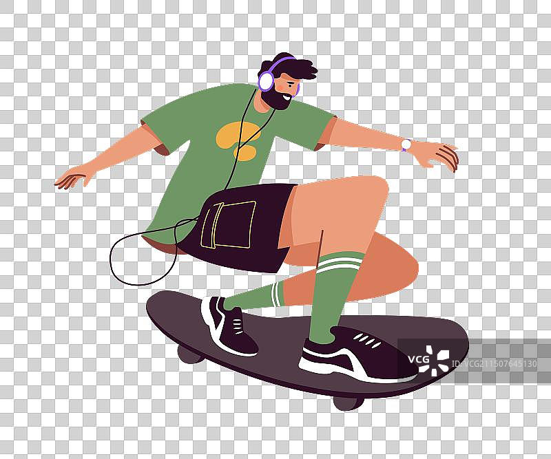 留着胡子的滑板手快乐地快速滑行图片素材