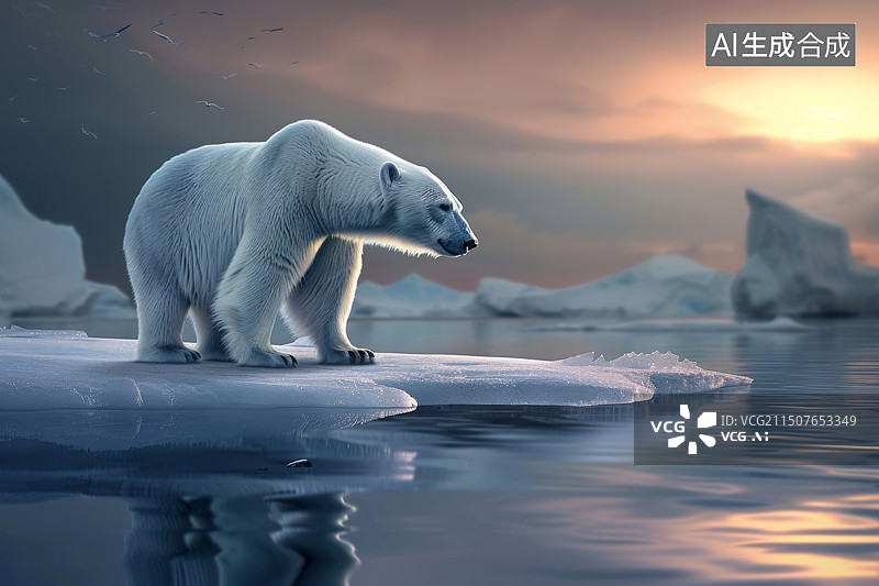 【AI数字艺术】一只北极熊无助地站在一块浮冰上，全球气候变暖海平面上升概念图片素材