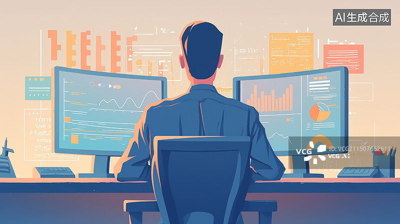 【AI数字艺术】扁平化风格商务办公金融工作者在写字台前工作场景插画图片素材