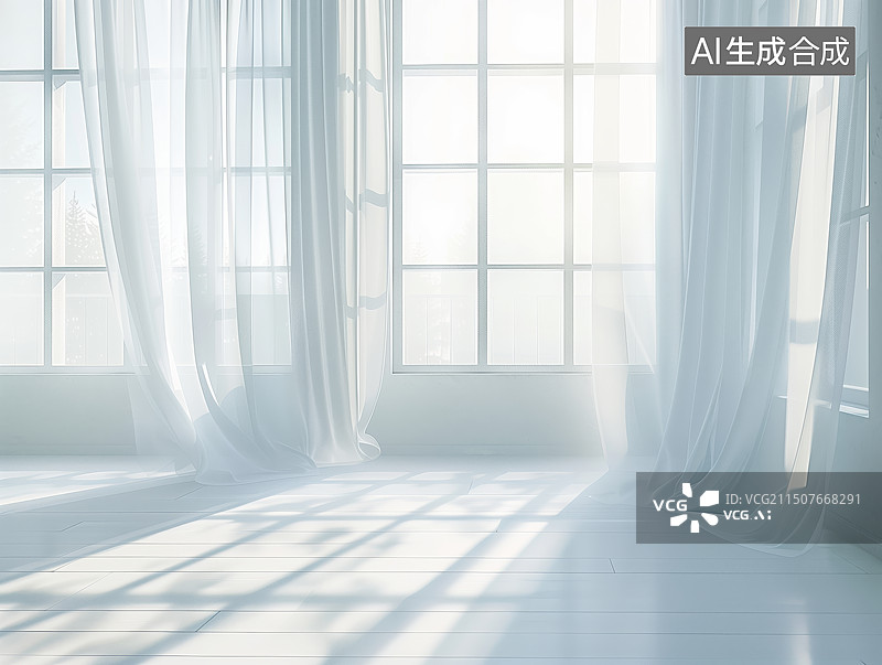 【AI数字艺术】3D极简风白色窗帘光影三维室内空间图片素材