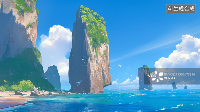 【AI数字艺术】海岸地貌插画图片素材