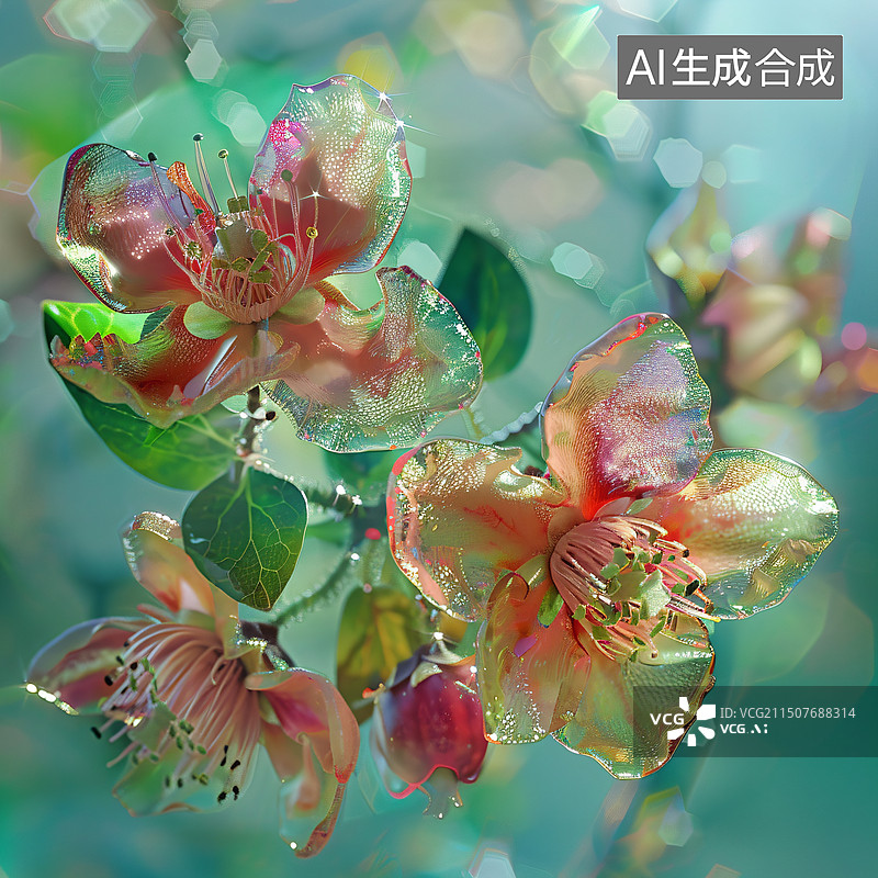 【AI数字艺术】石榴花玻璃材料超现实主义风格水晶质感花卉特写图片素材