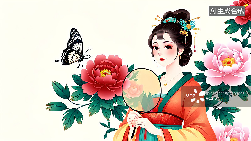 【AI数字艺术】国潮风手绘人物插画，牡丹花丛中拿着扇子的古代女子，汉服，传统服饰，红楼梦金陵十二钗，薛宝钗，宝钗扑蝶图片素材