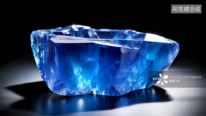 【AI数字艺术】发光的蓝色宝石晶体矿石特写，蓝水晶原石高清壁纸，背景图图片素材