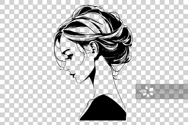 手绘墨水素描女人侧面像图片素材