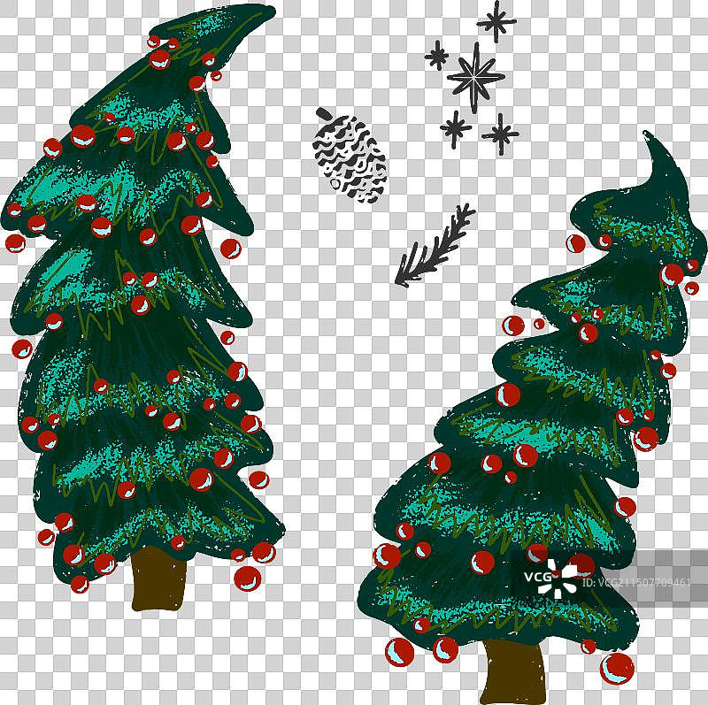 两个带有红色球的有趣新年树图片素材