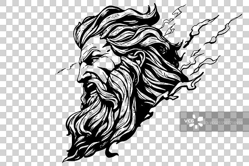 手绘宙斯头像logo墨水草图雕刻图片素材