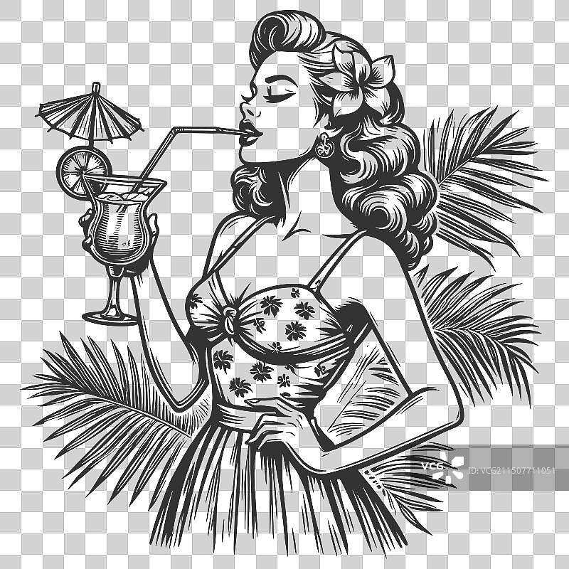 拿着热带鸡尾酒草图的女士图片素材