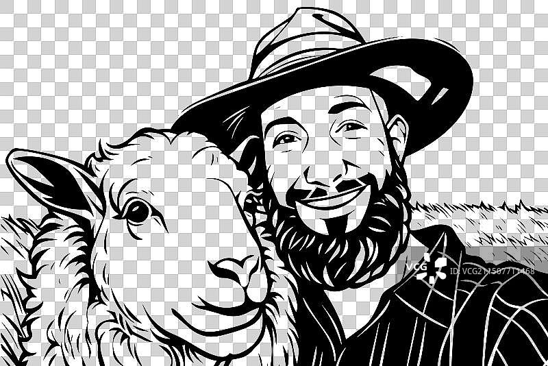 猪和农民在田野里拥抱图片素材