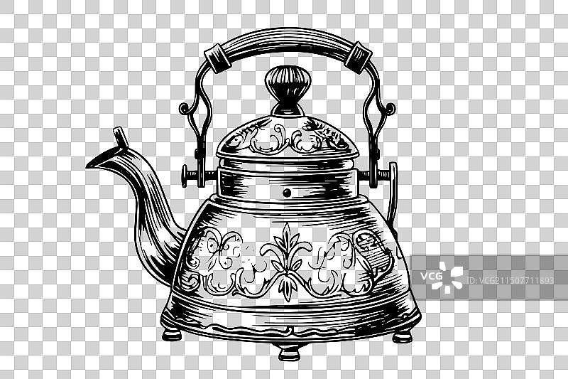 复古水壶手绘墨水素描雕刻风格图片素材