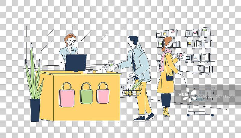 男人和女人在超市购物结账图片素材