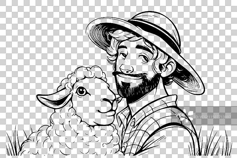 农场主与绵羊在田野里拥抱图片素材