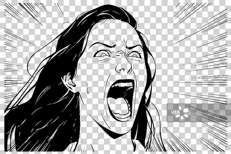 手绘墨水草图愤怒尖叫的女人图片素材