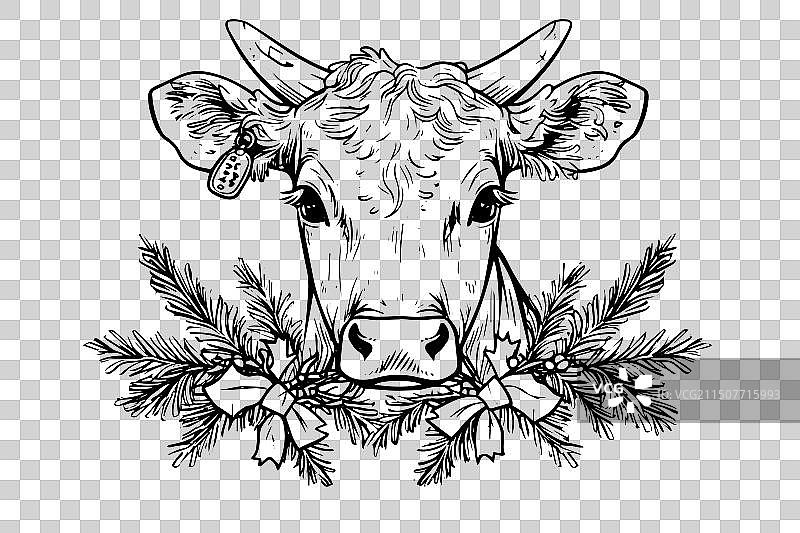 戴着花环的手绘墨水素描奶牛图片素材