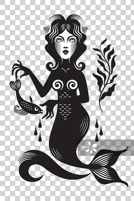 带小鱼的美人鱼黑白图案图片素材