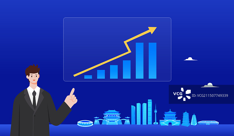 西安城市天际线柱状图向上箭头矢量插画海报设计模版，商务人士讲解西安城市经济上涨GDP基金股票投资理财图片素材