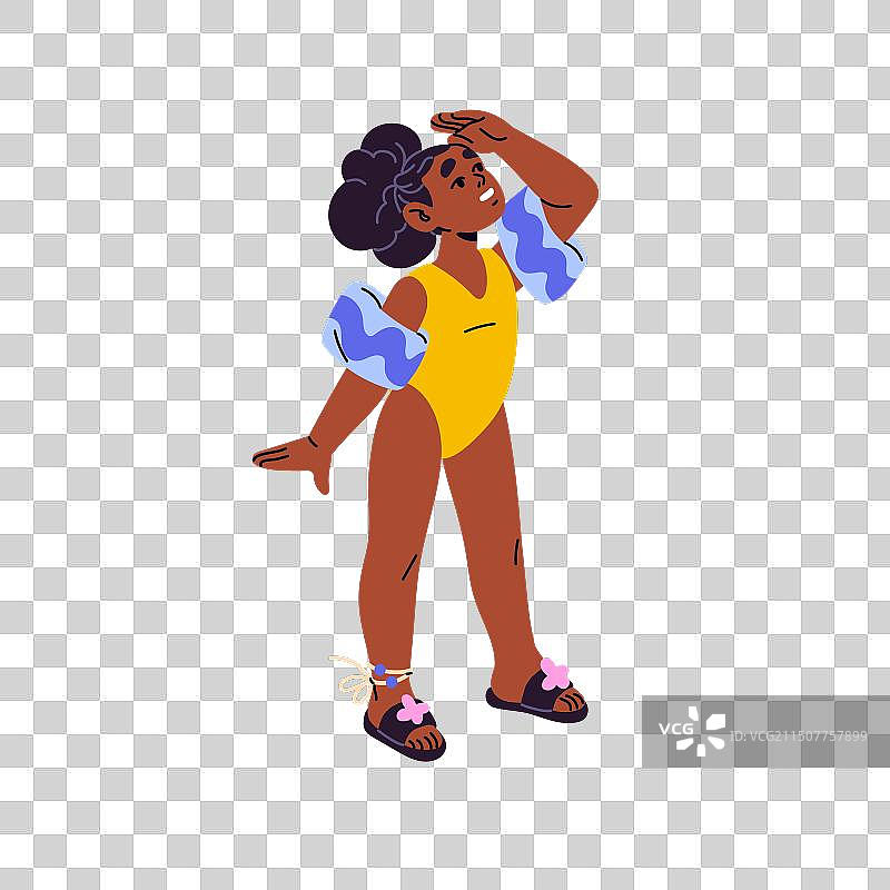 戴着臂圈的快乐孩子向远处眺望图片素材