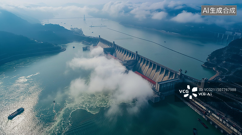 【AI数字艺术】航拍宏伟的水利工程图片素材