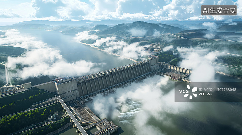【AI数字艺术】航拍宏伟的水利工程图片素材