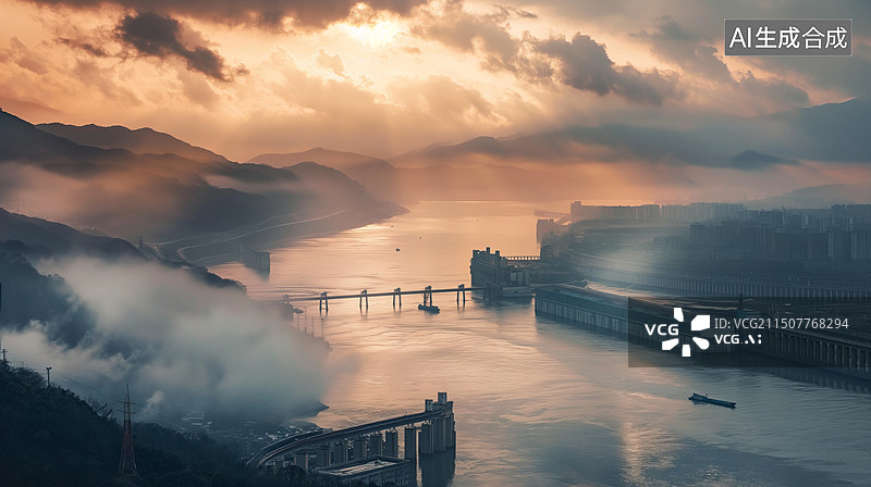 【AI数字艺术】航拍宏伟的水利工程图片素材