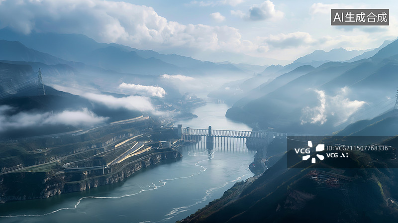 【AI数字艺术】航拍宏伟的水利工程图片素材