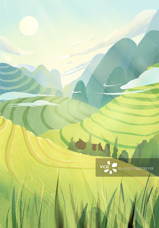 春天梯田风景插画清明节踏青春游背景海报图片素材