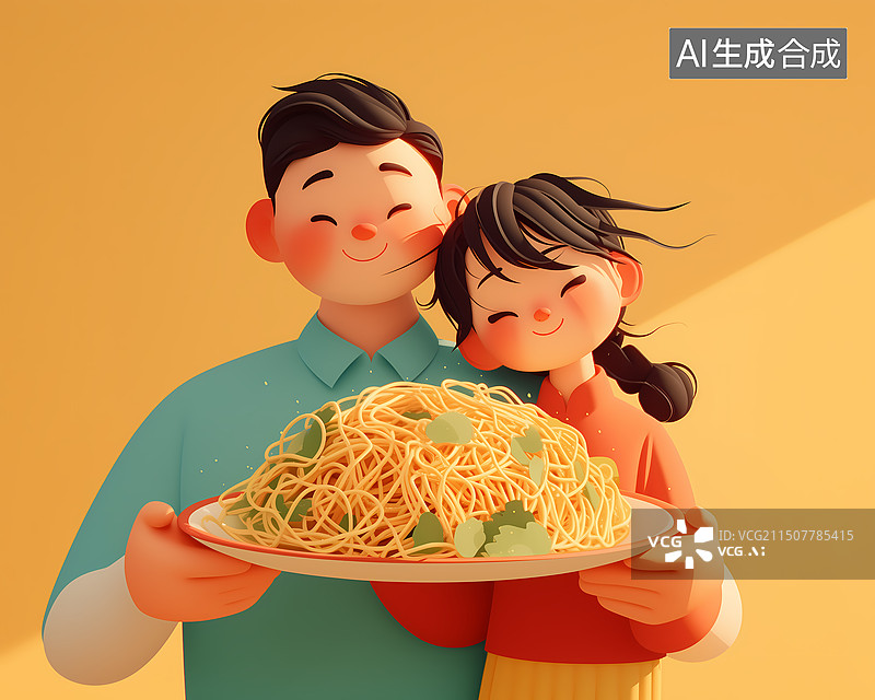 【AI数字艺术】情侣俩端着一盘美味的炒面3D插画图片素材