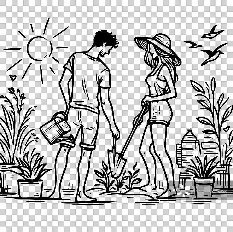 男女正在浇灌植物图片素材