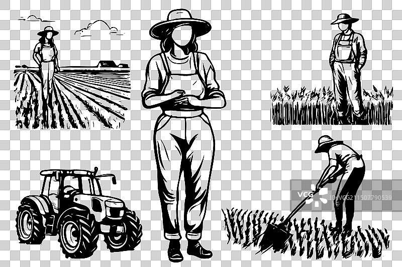 女人站在田野里，旁边有一辆拖拉机图片素材