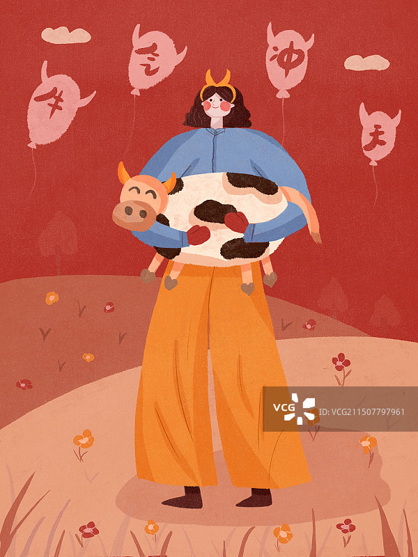 抱着牛牛的女孩图片素材