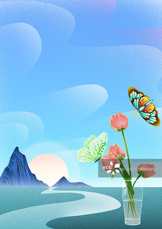 手绘插画-鲜花蝴蝶山水场景图片素材