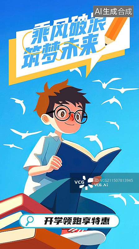 【AI数字艺术】乘风破浪教育卡通插画海报图片素材