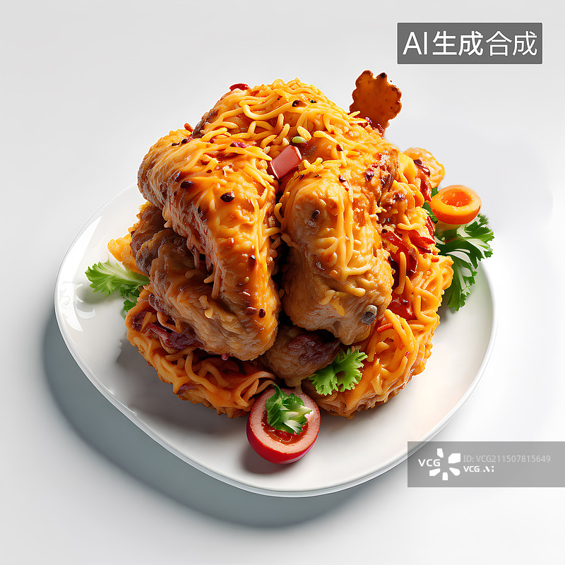 【AI数字艺术】盘子里的炸鸡食物特写镜头图片素材